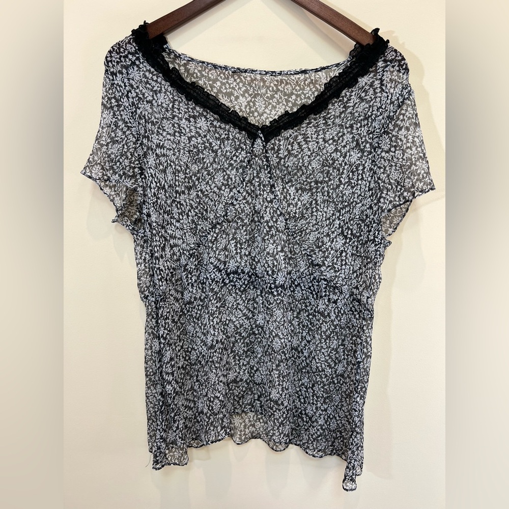 Vintage Womens Y2K Sheer Black & White Babydoll Top Lace Trim Sz Sm